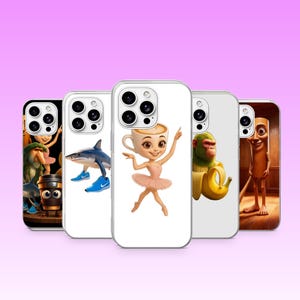 May include: A collection of five clear smartphone cases featuring various cartoon-style graphics. The designs include a coffee cup ballerina, a shark wearing blue trainers, a monkey with a banana, a wooden character, and a group of animated figures.