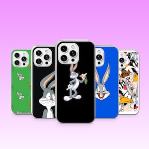 May include: Five smartphone cases featuring Bugs Bunny graphics. One case is green with a repeating pattern, one is black with a close-up of Bugs, one is black with Bugs holding a carrot, one is blue with a large Bugs face, and one has a collage.