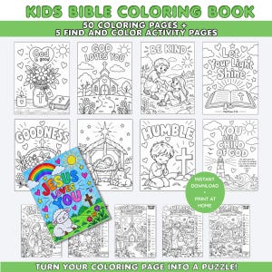 Op de afbeelding: Een Bijbel-kleurboek voor kinderen met 50 kleurplaten en 5 zoek- en kleuractiviteitpagina's. De kaft toont een kleurrijke illustratie van een lam, een regenboog en de tekst Jesus Loves You. Bevat zwart-witte lijntekeningen voor kleurplezier.