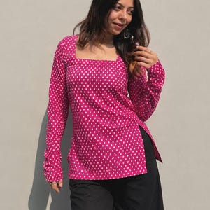 Pink Printed Square Neck Tunic Top | Long Sleeve Women’s Kurti | Floral Diamond Print Blouse | Casual Boho Top | Gift for Her