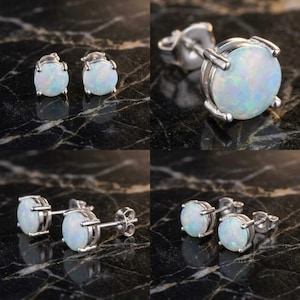 Handcrafted White Opal Stud Earrings – 925 Sterling Silver Round Gemstone Earrings – October Birthstone Jewelry –Dainty Gift for Her