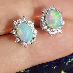 Handcrafted White Opal with Moissanite Stud Earrings – 925 Sterling Silver Round Gemstone  October Birthstone Jewelry –Dainty Gift for Her
