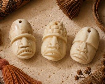 3 African Face Pendants made of bone, African Jewelry Supplies, Ethnic Pendants (ABK22)