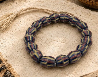 15 Striped Blue Red Yellow African Glass Beads, Ethnic Jewelry Supplies