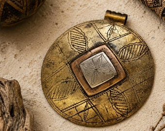 Tuareg Pendant from Mali – Large Hand Engraved African Metal Pendant – Mixed Metal Tribal Jewelry Component