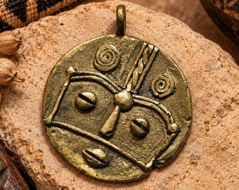 Unusual Brass Face Pendant from Africa 66X57 mm , Ethnic Mask Pendant, Jewelry Supplies