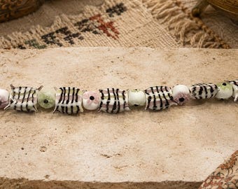 Handmade Indian Lampwork Glass Beads, Black White Striped Beads, Floral Glass Beads, Artisan India Bead Strand, Jewelry Making Supplies