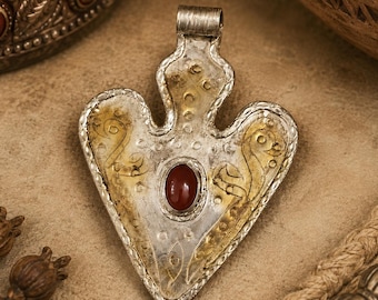 Unique Turkmen Handmade Pendant 92x65 mm , ethnic jewelry supplies, embossed pendant