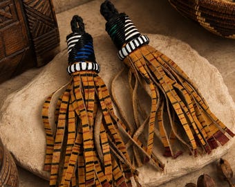 Large Mali Tuareg Leather Tassels, Boho Jewelry Supplies, African Tassel