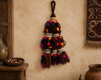 Vintage Afghan Tribal Tassel Ornament – Beaded Kuchi Textile Hanging – Handmade Nomadic Decoration – Ethnic Boho Wall Decor