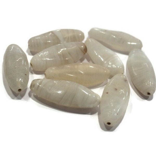 Large White Striped Glass Beads from India 47x20 mm, Ethnic Jewelry Making Supplies  (AZ781)