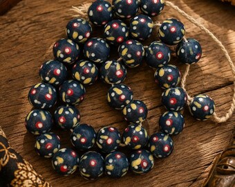 35 Dark Green Indonesian Glass Lampwork Beads 13x15 mm, Ethnic Beads,Java Beads