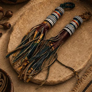 Puede incluir: Dos borlas decorativas con cuentas cilíndricas de rayas horizontales en negro, blanco, rojo, azul y amarillo. Cada borla tiene un lazo trenzado en la parte superior y largas tiras de flecos de cuero fino en tonos marrón, azul y amarillo.