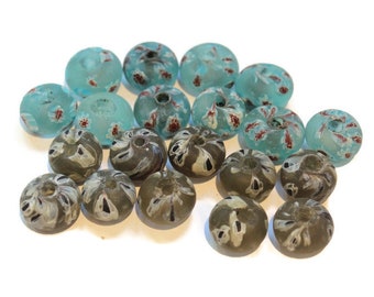 Gray and Light Blue Flower Rondelle Lampwork Beads Handmade in India (AZ826)