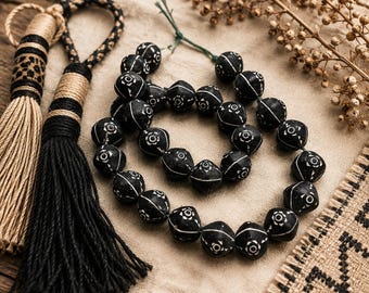 28 Handmade Clay Beads from Africa, Terra Cotta Beads, Ethnic Jewelry Supplies , Black and White beads (BK242)