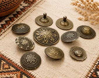 10 Vintage Afghan Embossed Metal Buttons, Kuchi Tribal Buttons  (BK85)