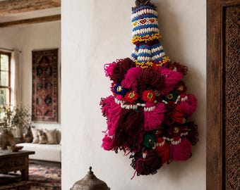 Vintage Afghan Tribal Tassel Wall Hanging – Large Beaded Kuchi Textile Ornament, Handmade Nomadic Decor, Statement Ethnic Art