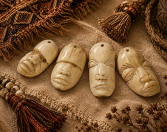 4 Tribal Bone Mask Face Pendants, African Jewelry Supplies, Ethnic Pendants (BK16)
