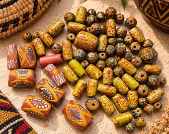 Colorful African Clay and Glass Beads Mix, Ethnic Bead Assortment