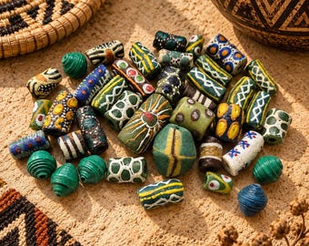 39 African Krobo Beads ,Colorful Recycled Glass Beads, Ethnic Jewelry Supplies