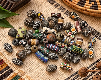 52 Colorful African Glass and Clay Beads Mix, Ethnic Jewelry Making Supplies