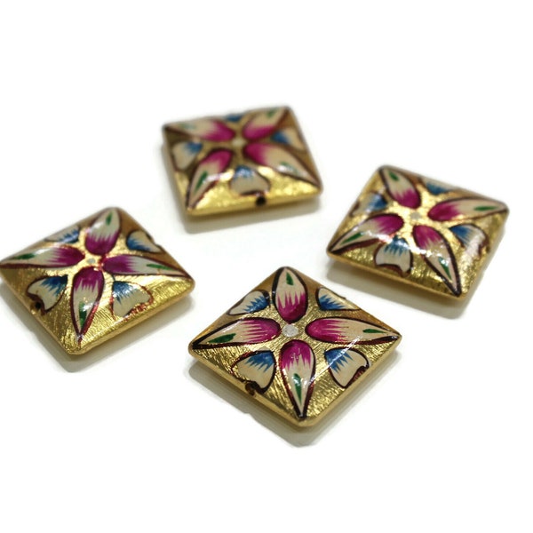 India Brushed Gold Artisan Flower Beads 20 mm Matched Pairs for Earrings, Square Gold Beads(XA416)