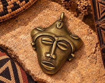Rustic African Brass Pendant 83x62 mm, Mask Pendant, Ethnic Face Pendant
