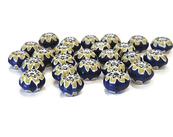 25 Blue and Yellow India Chevron beads, ethnic beads, jewelry supplies, flower beads (BK249)