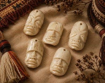 5 African Face Pendants, Tribal Bone Mask Face Pendants, African Jewelry Supplies, Ethnic Pendants (BK20)