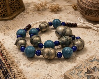 Vintage Afghan Metal and Stone Beads – Tribal Afghanistan Bead Strand – Large old Metal Beads – Blue Stone Ethnic Jewelry Supplies