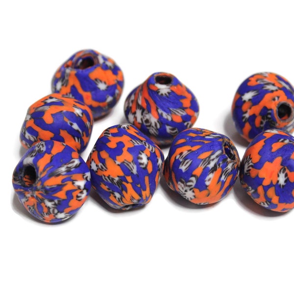 Large Blue and Orange African Recycled Glass Beads, Ethnic Focal Beads (XA275)