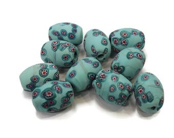 10 Large Ethnic Turquoise glass Beads 30x22 mm, India Speckled Glass Beads, Unique Lamp work Beads (BK39)