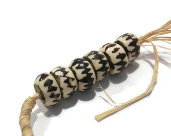 6 African Bone Beads, Black and White Large Ethnic Beads, Jewelry Supplies (AZ770)