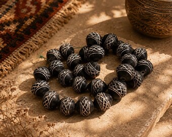 29 black and white clay beads from Africa, Ethnic Jewelry Supplies, unique beads (BK262)