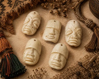 5 Tribal Bone Mask Face Pendants, African Jewelry Supplies, Ethnic Pendants (BK24)