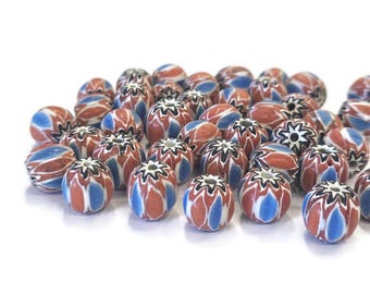40 Red and Blue Ethnic beads handmade in India, Chevron Glass beads, jewelry supplies (BK254)