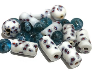 Unique White and Blue Rondelle Lampwork Beads Handmade in India (AZ833)