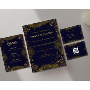 Puede incluir: Un conjunto de invitaciones de boda con tarjetas azul marino oscuro y detalles en lámina dorada. El diseño incluye patrones florales ornamentados, estrellas y dibujos de manos. El texto incluye los nombres Emma y Alexander, 19 de diciembre de 2026 y un código QR.