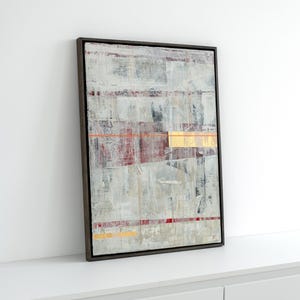 Cuadro abstracto original sobre lienzo, enmarcado en naranja y dorado, lienzo texturizado minimalista moderno, arte fino blanco y gris "HORIZONTE NARANJA"