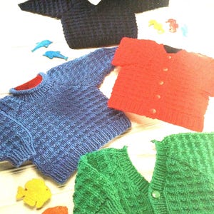 UK/EU SELLER vintage Chunky pdf knitting pattern Baby/toddler/childs/kids 2x sweaters 2xcardis. Easy knit. Chunky wool.Fits 18-28”(46-71cms)