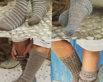 VENDEDOR DEL REINO UNIDO/UE Patrón de tejido en PDF vintage para niños de 4 años a adultos, 4 diseños de calcetines, talón en contraste, 2 y 3 rayas de color, estampado. Fabricado en DblKnit.