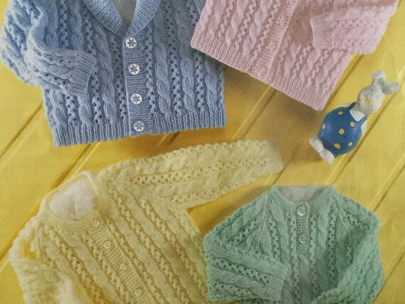 Uk Eu Seller Pdf Knitting Pattern Cable Cardy Sweater 4 Different Necks Dbl Knit Bhkc 7 Fits Prem To 2yrs Chest 12 22 31 56cms