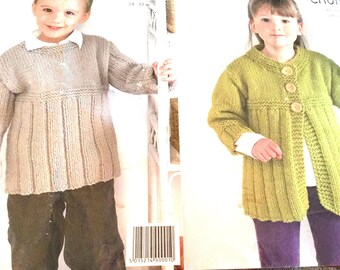 UK/EU SELLER Vintage pdf knitting pattern Kids/Childs Sweater & Cardigan/Jacket 3/4 sleeves Easy Knit Chunky Age 3-12 Chest 24-32”(61-81cms)