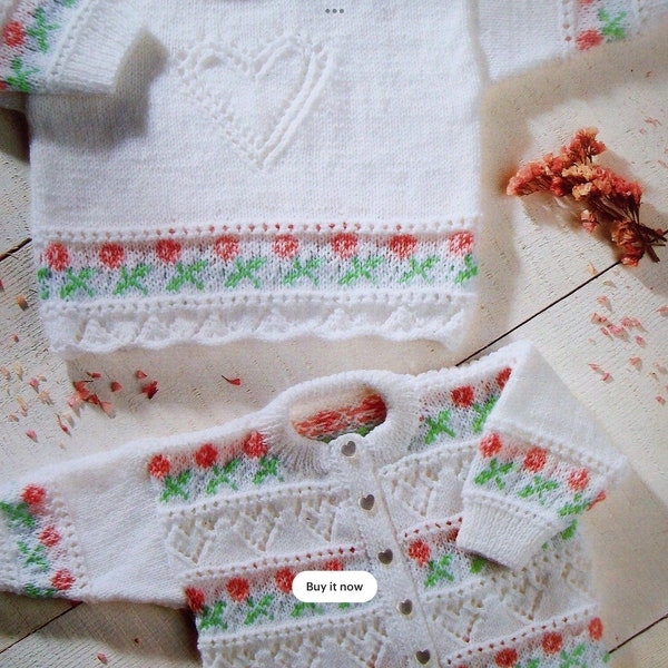 VENDEDOR REINO UNIDO / UE Vintage pdf baby knitting pattern 4-ply suéter y cárdigan con paneles en forma de flor y corazón. Patones 4653. Se adapta al pecho 16-26".