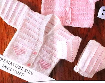 UK SELLER Vintage pdf Baby Knitting Pattern 4 x 4-Ply Cardigans round V-neck suits Boy/Girl plus bonnet.  Fits 35-55cms (14-22").