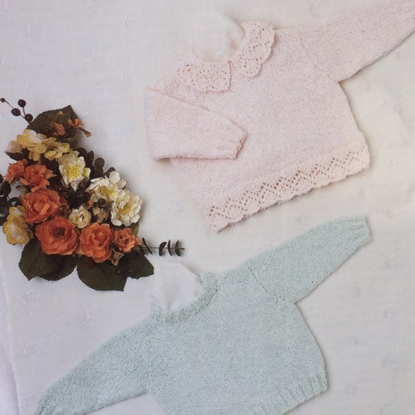 UK/EU SELLER Vintage pdf knitting pattern baby sweaters with Peter Pan collar lacy and plain round neck. Peter Pan P867. Prem to 2 yrs.