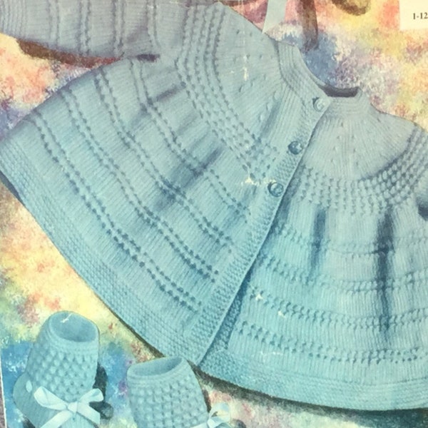 UK/EU SELLER Vintage 3-ply baby knitting pattern Jacket with yoke,Hat Mitts & Boot Set pretty delicate pattern. Two sizes - 1-6mths 6-12mth.