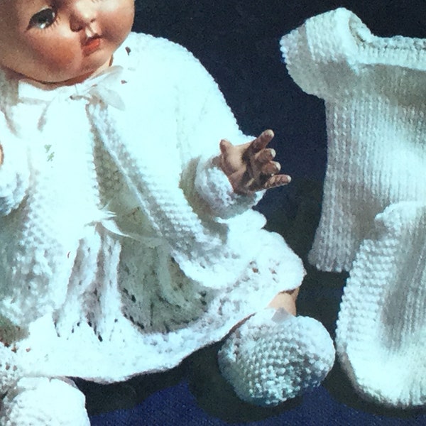 UK/EU SELLER Vintage pdf Dolls Knitting Pattern Coat Dress Bootees in lace and moss stitch, Vest Pilch. 3-ply. Fits height 14 &16" Dolls.