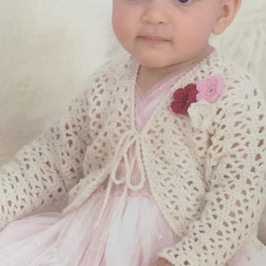 UK/EU SELLER Vintage pdf crochet pattern Lacy Bolero Cardigan twisted cords Flower Motifs. 4 Ply. Birth to 6 years Chest 41-66cms(16-26&quot;)