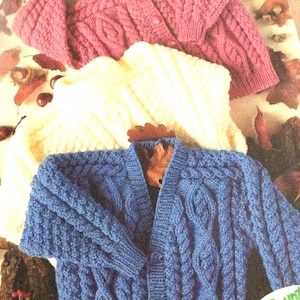 UK/EU SELLER Vintage Aran style pdf knitting pattern. Round and V-neck cardis, crew neck sweater, saddle neck. Aran weight. Chest 22/32”.